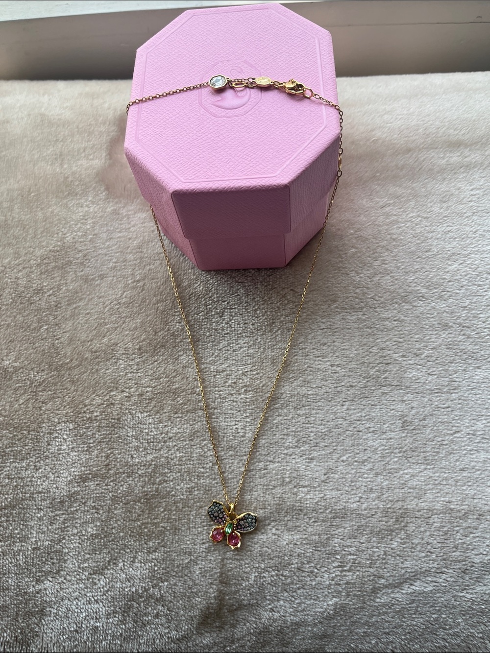 Swarovski Gold Butterfly Necklace with Pink and Black Crystals